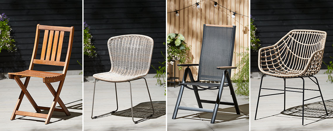 Una sedia pieghevole, una sedia impilabile, una sedia reclinabile e una sedia da giardino