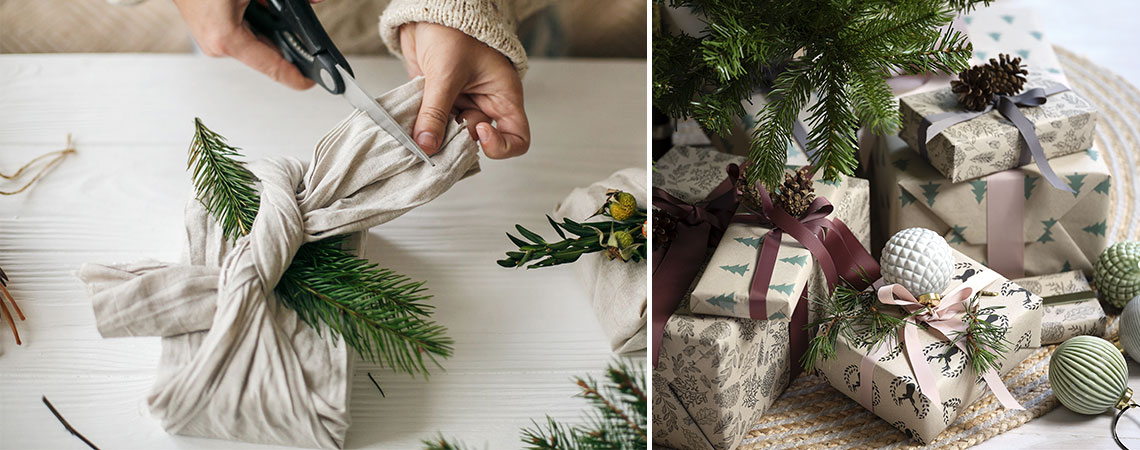 Regali di Natale avvolti in tessuto e carta da regalo riciclata