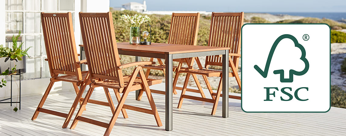tavolo, panca e sedia da giardino in legno certificato FSC 