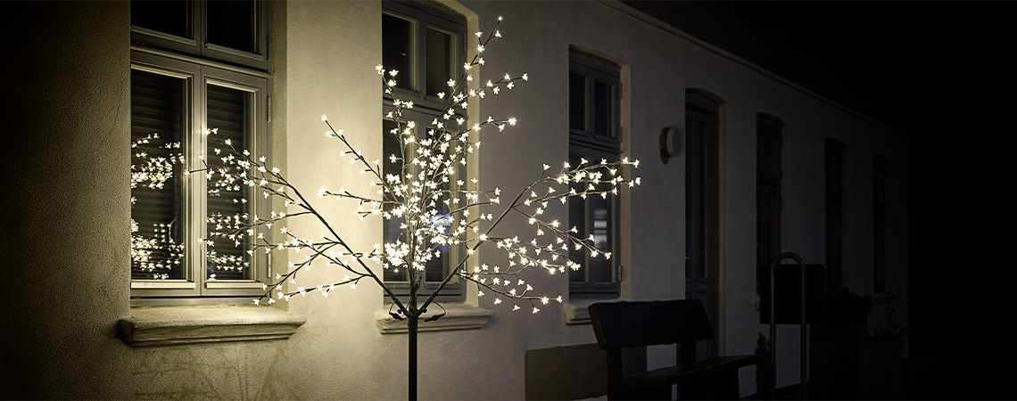 Albero con luci LED illuminato fuori da una casa di notte