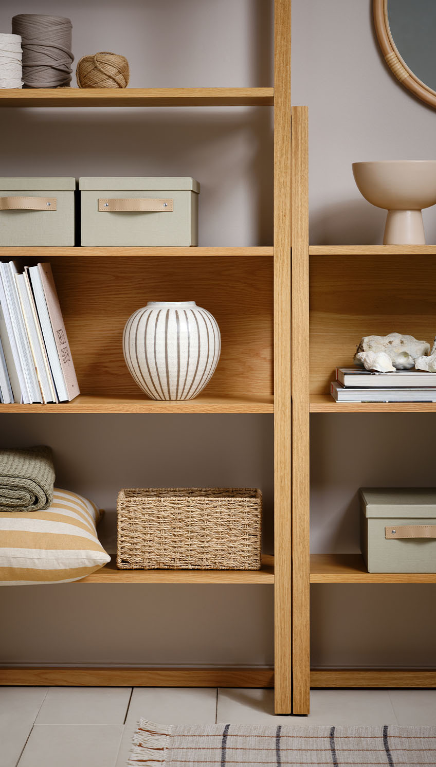 RY oak shelving units, CHRIS bowl, and SOFUS vase Oak bookcases made with oak veneer