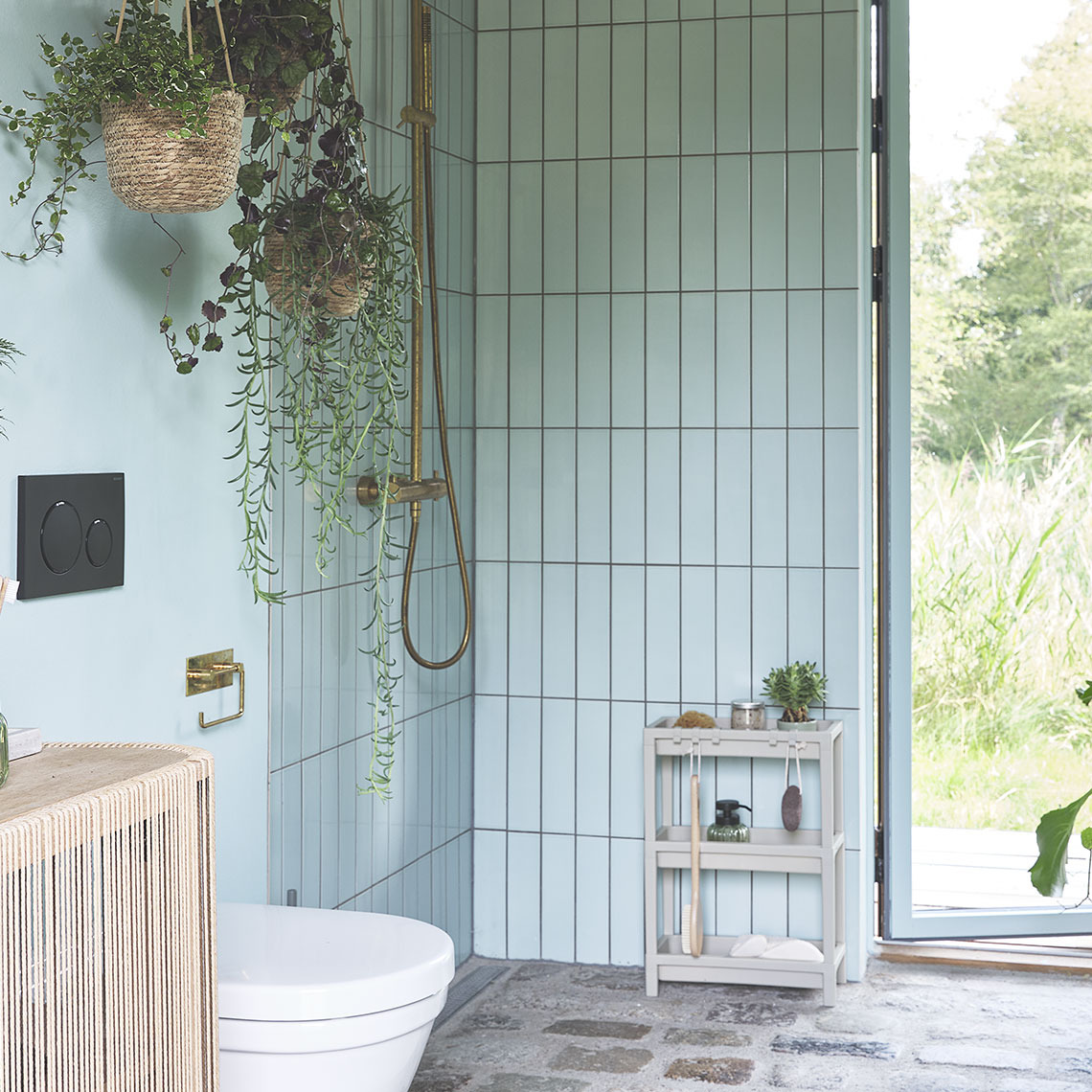 Bagno con doccia, portaoggetti e piante sospese