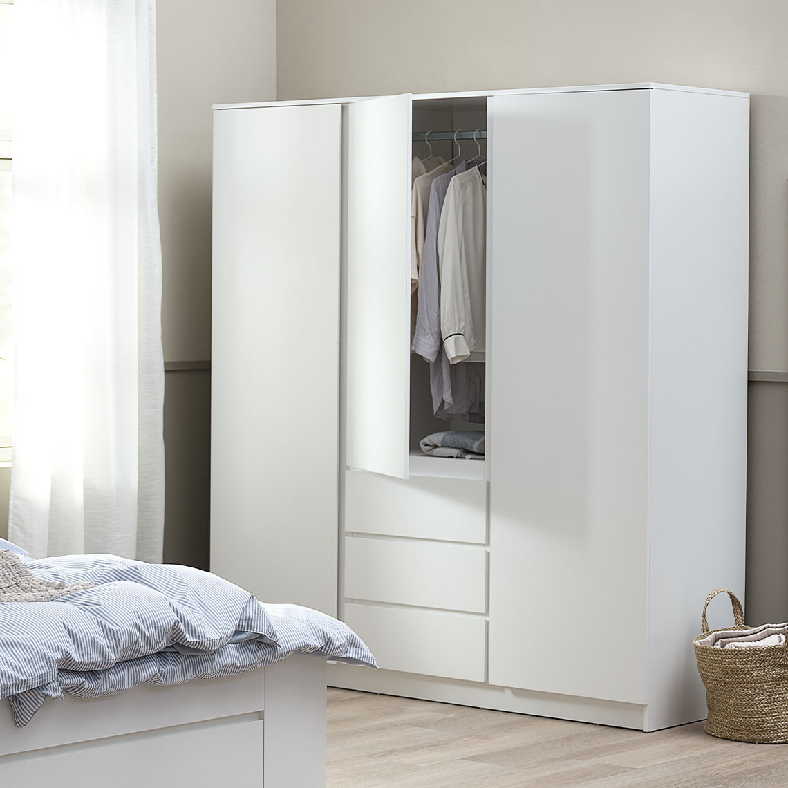 LIMFJORDEN wardrobe with 3 hinged doors and drawers White wardrobe with 3 hinged doors and drawers