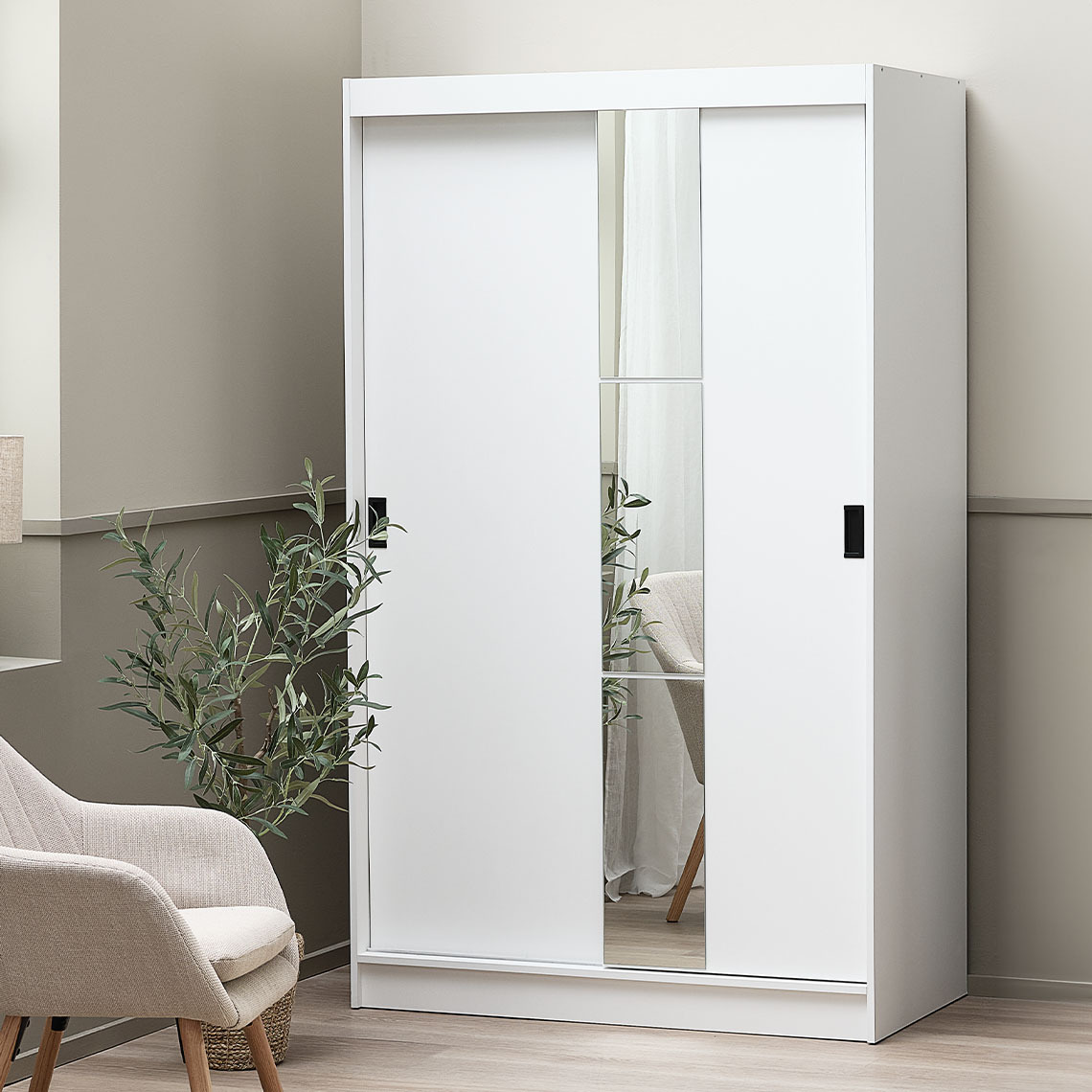 ODDER wardrobe with sliding doors and mirror White sliding door wardrobe with mirror