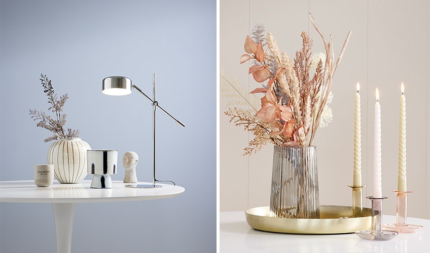 Vasi, candelabri, lampada e candela in design scandinavo e colori chiari