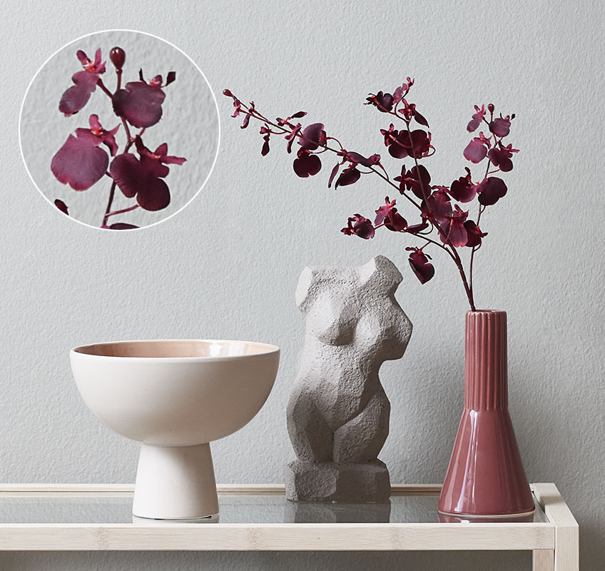 RAGNAR artificial flower, EGMUND vase, and CHRIS bowl Small vase with artificial orchid flower and sculpture of a female body