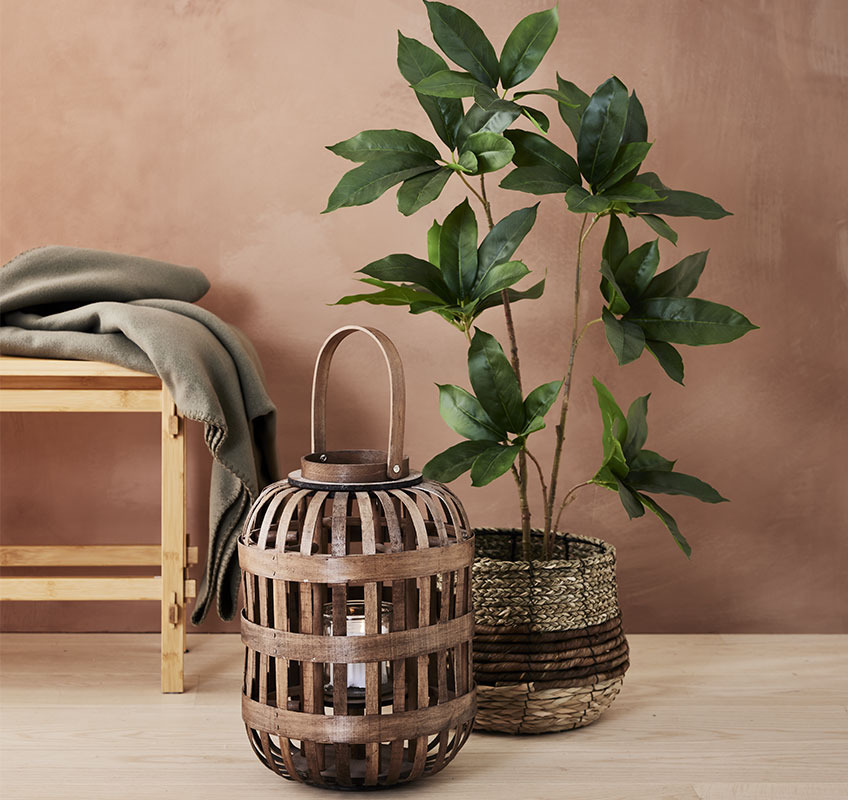 GUNNAR lantern, TERJE plant pot, and THRISTAN artificial green plant Wood lantern and wicker plant pot with artificial green plant