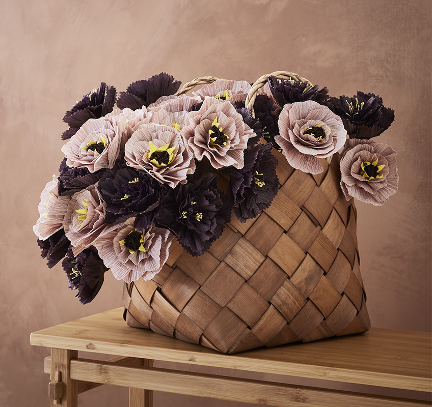 PER paper flowers and ABEL basket Paper flower bouquet styled in wooden basket